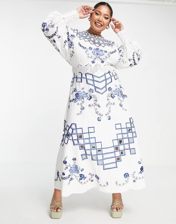 ASOS Dresses & Skirts - ASOS Embroidered Midi Dress With Cutwork and Lace Trim in Blue/White - US 14